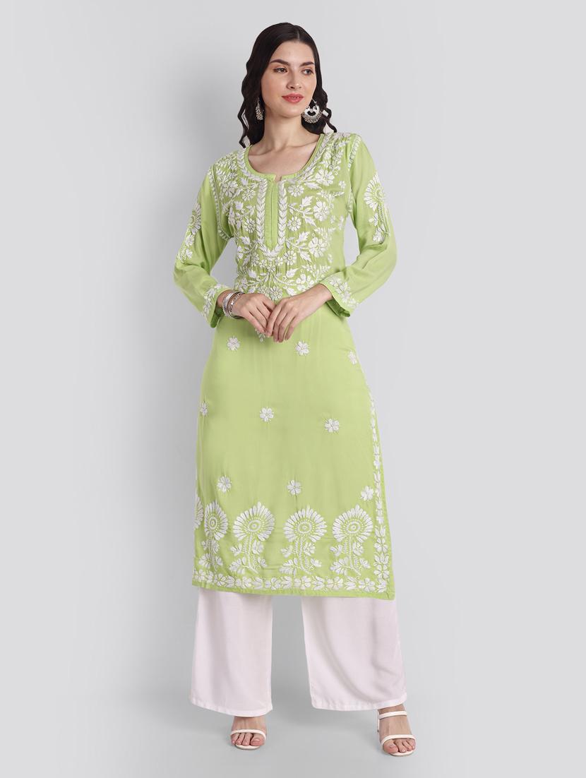 pastel green long sleeve chikankari kurta