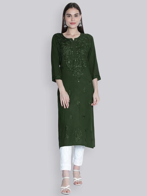 green three quarter sleeve chikankari kurta - 20494986 - Standard Image - 0