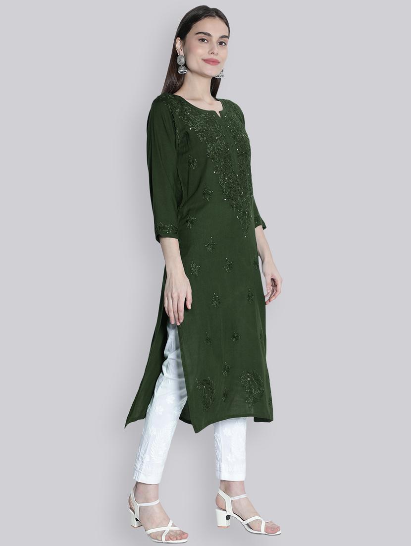 green three quarter sleeve chikankari kurta - 20494986 - Standard Image - 3