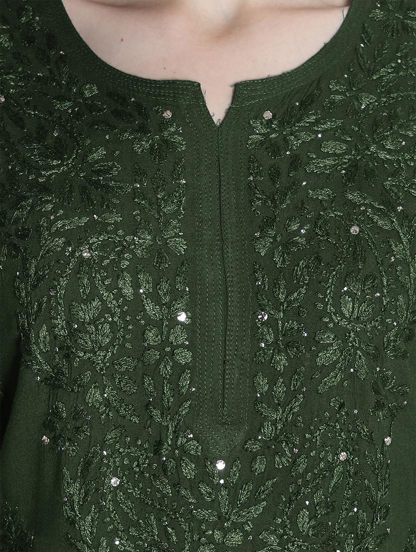green three quarter sleeve chikankari kurta - 20494986 - Standard Image - 5
