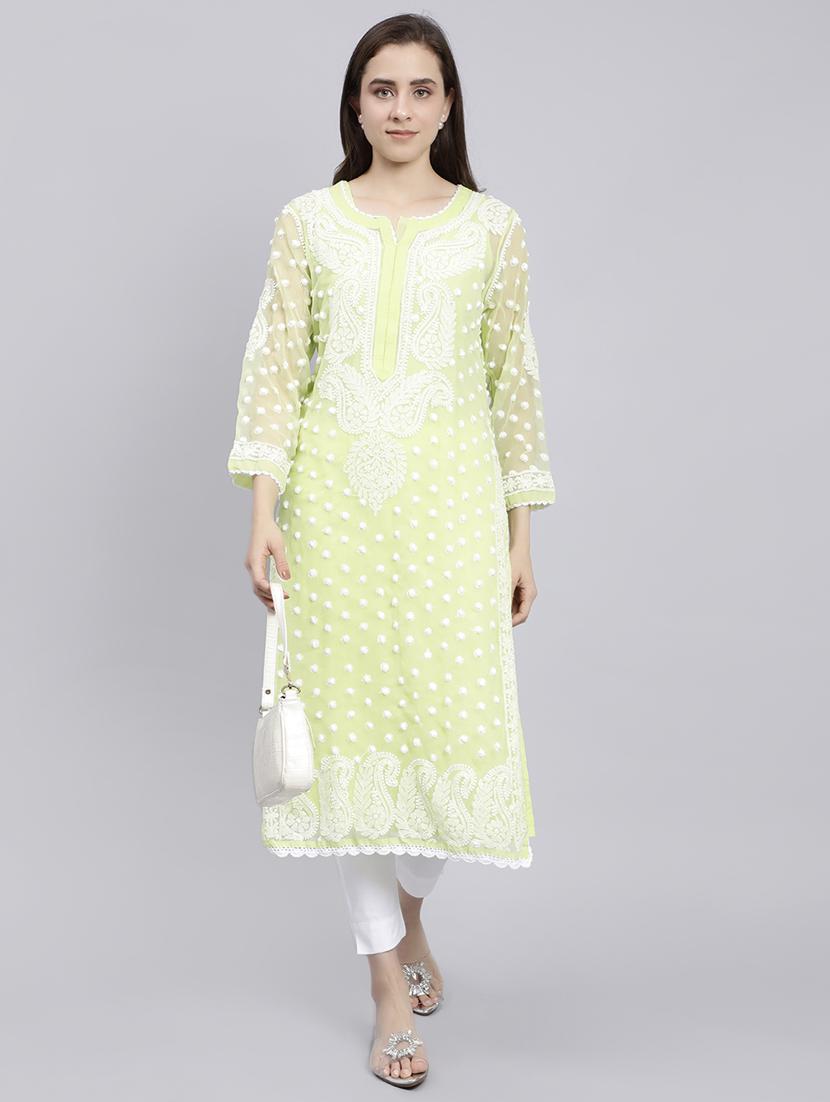 pastel green three quarter sleeve chikankari kurta - 20495003 - Zoom Image - 0