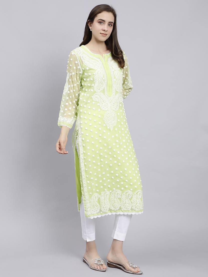 pastel green three quarter sleeve chikankari kurta - 20495003 - Standard Image - 3