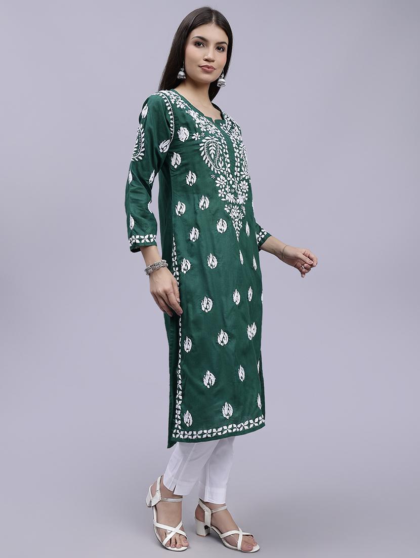 bottle green long sleeve chikankari kurta - 20495017 - Standard Image - 3