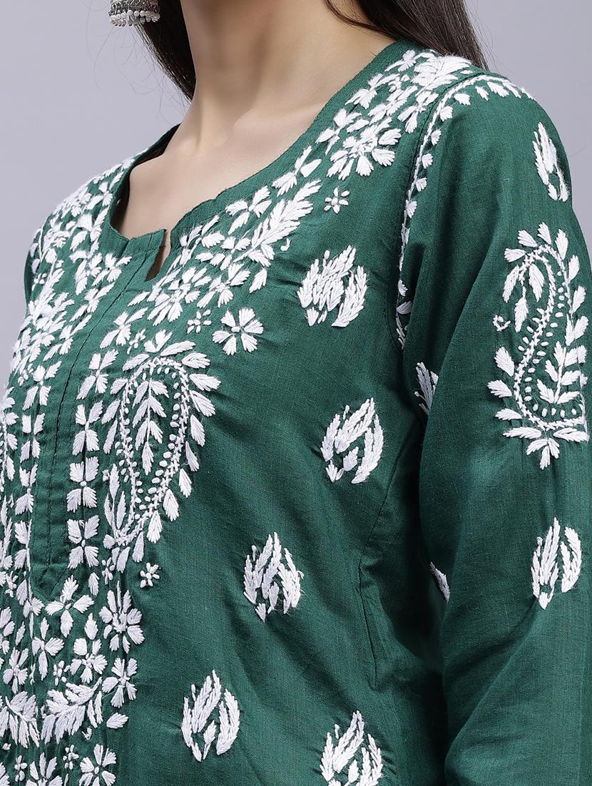 bottle green long sleeve chikankari kurta - 20495017 - Standard Image - 5
