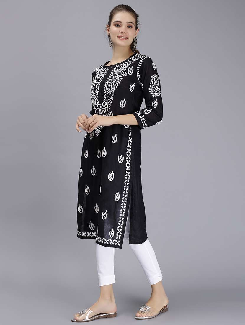 black long sleeve chikankari kurta - 20495018 - Standard Image - 3