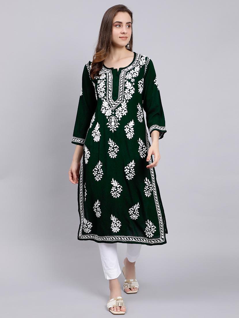 green long sleeve chikankari kurta - 20495019 - Zoom Image - 0