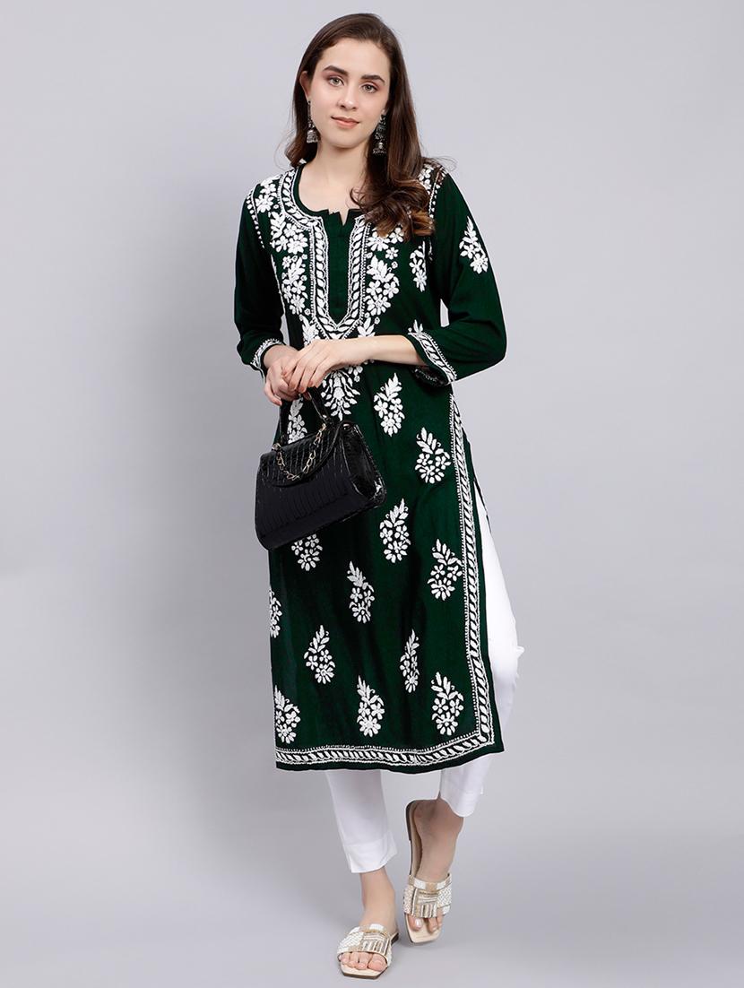 green long sleeve chikankari kurta - 20495019 - Standard Image - 3