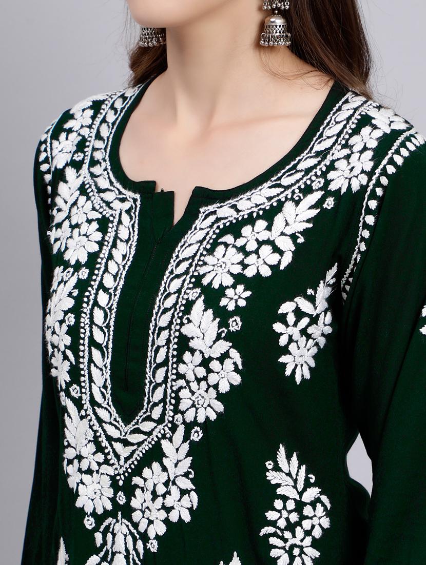 green long sleeve chikankari kurta - 20495019 - Standard Image - 5