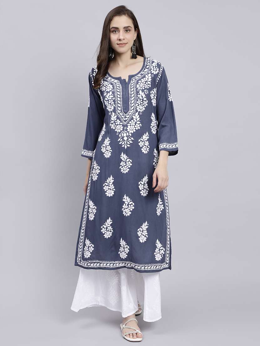 grey long sleeve chikankari kurta - 20495020 - Zoom Image - 0