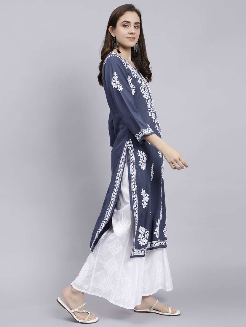grey long sleeve chikankari kurta - 20495020 - Standard Image - 3