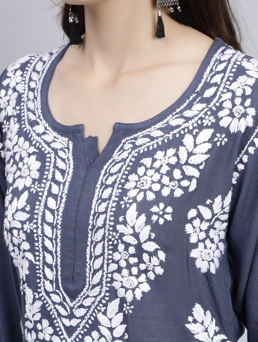 grey long sleeve chikankari kurta - 20495020 - Standard Image - 5