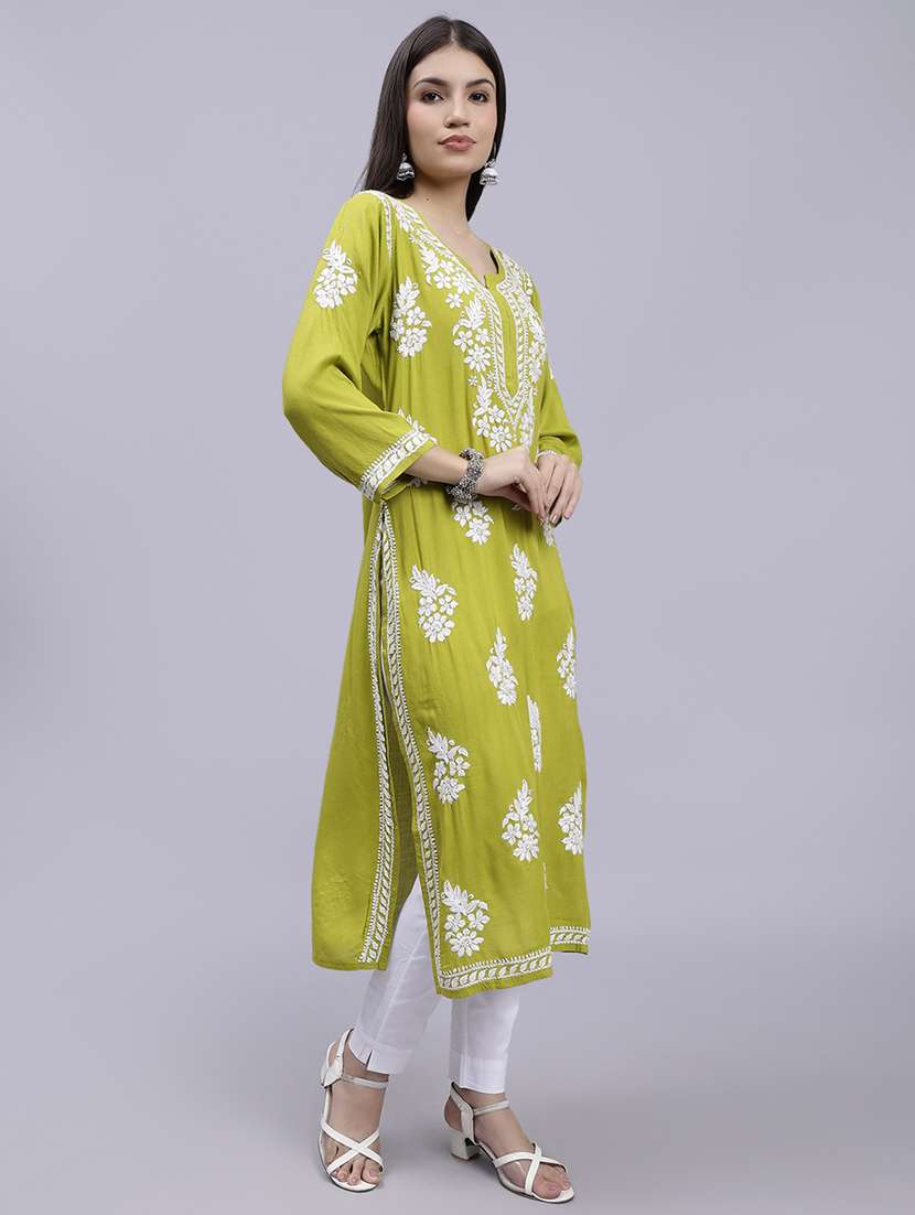 lime long sleeve chikankari kurta - 20495021 -  Standard Image - 3
