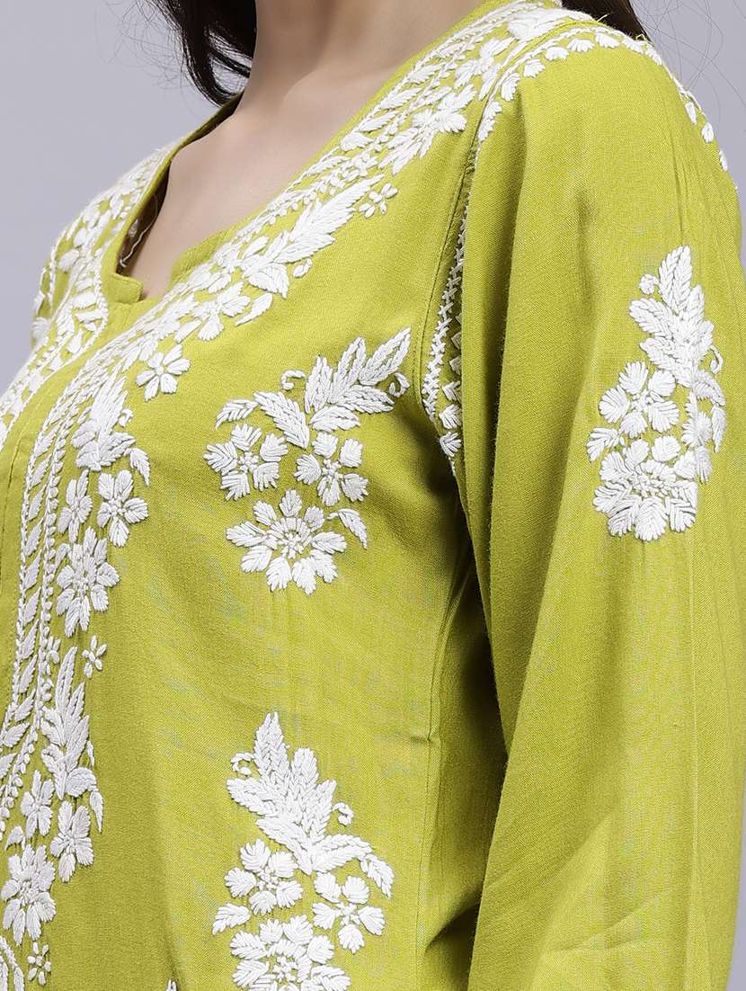 lime long sleeve chikankari kurta - 20495021 -  Standard Image - 5