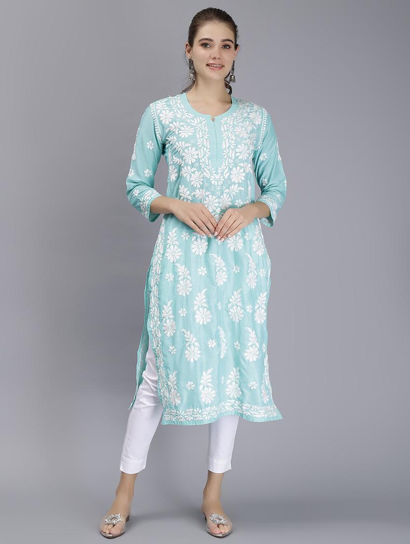 light blue three quarter sleeve chikankari kurta - 20495022 - Zoom Image - 0
