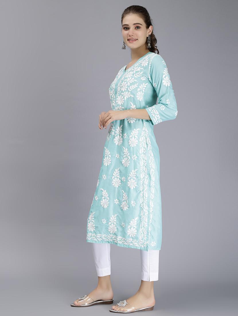 light blue three quarter sleeve chikankari kurta - 20495022 - Standard Image - 3