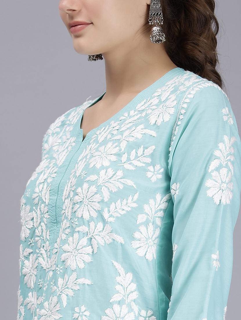 light blue three quarter sleeve chikankari kurta - 20495022 - Standard Image - 5