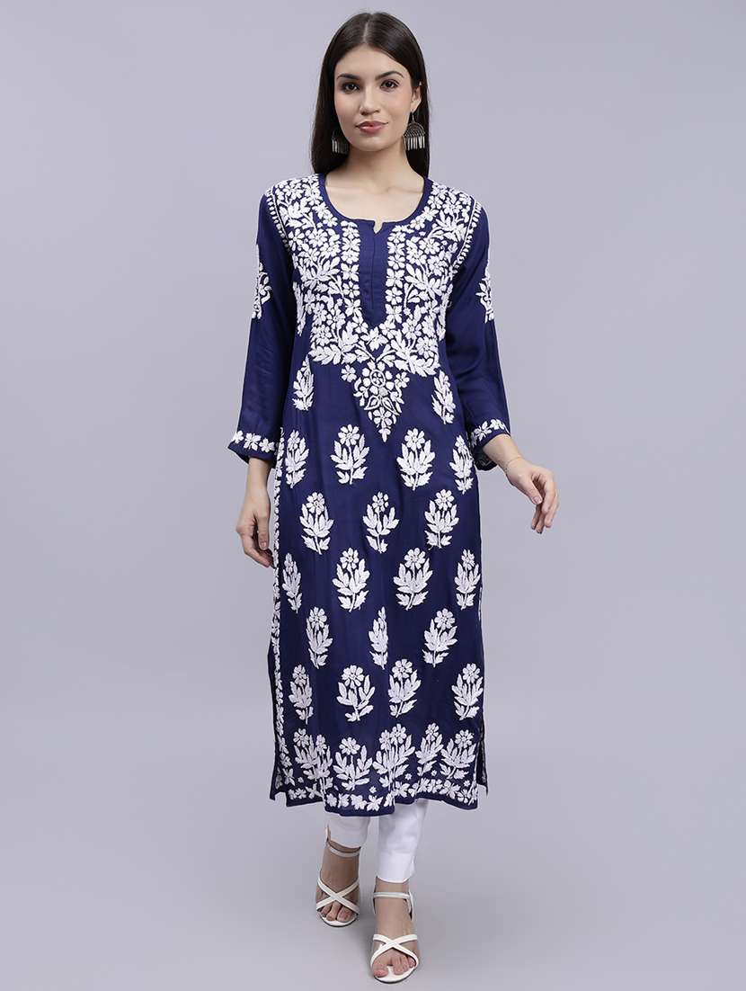 navy blue long sleeve chikankari kurta - 20495024 - Zoom Image - 0