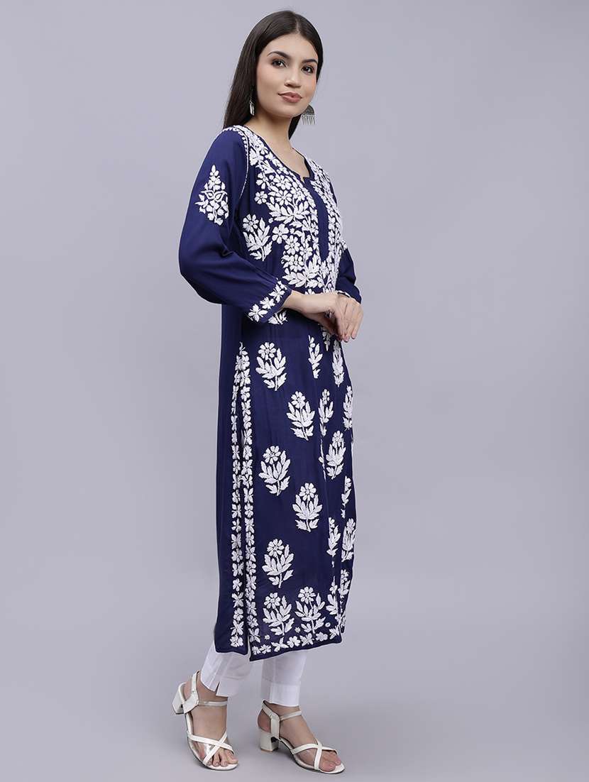 navy blue long sleeve chikankari kurta - 20495024 - Standard Image - 3