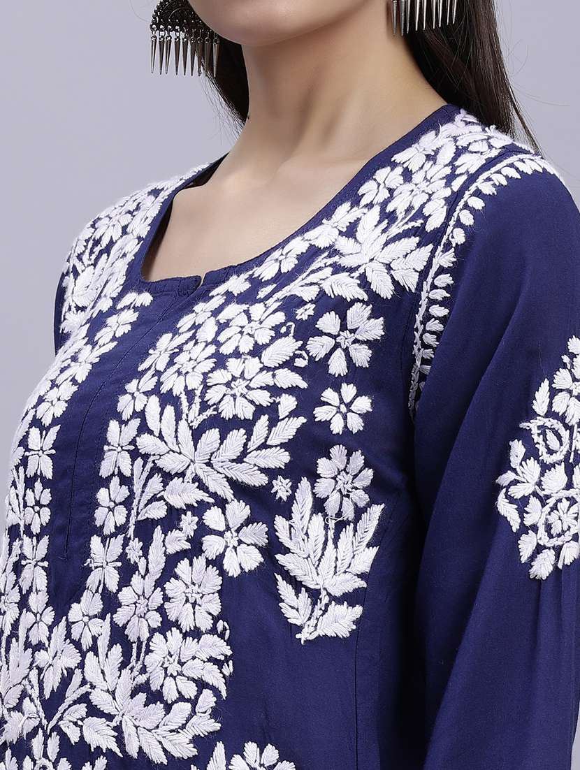 navy blue long sleeve chikankari kurta - 20495024 - Standard Image - 5