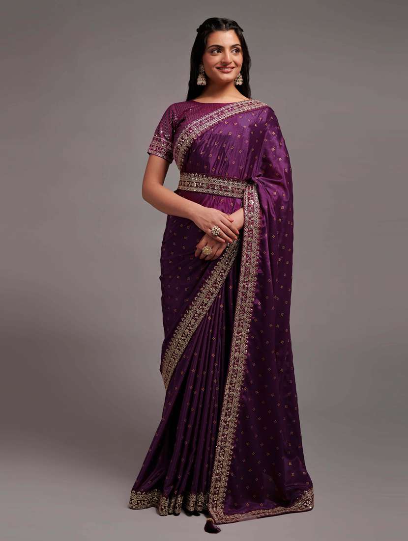 women's bordered purple colored saree with blouse