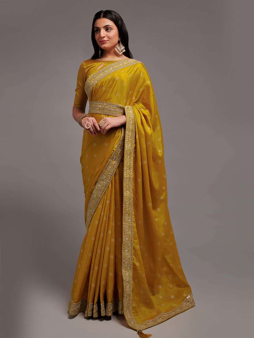 women's bordered mustard colored saree with blouse