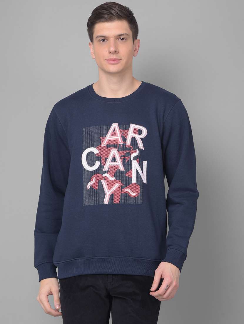men graphic printed navy blue cotton blend sweatshirt