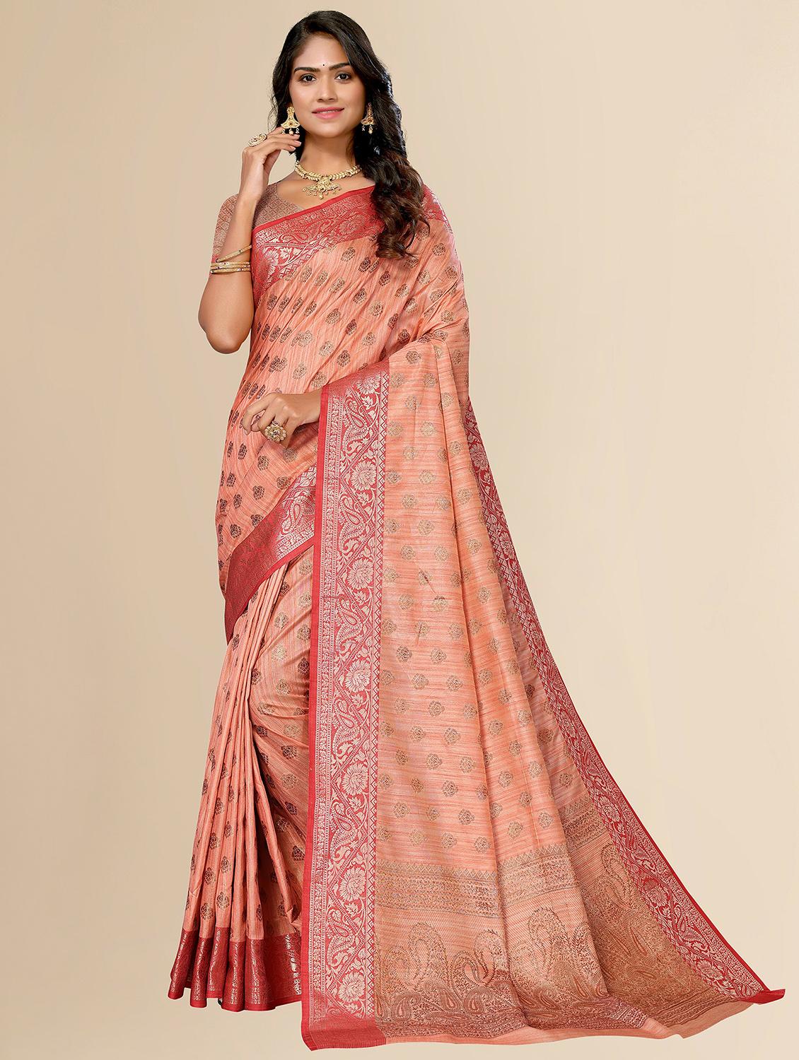 women peach self design kanjivaram saree with blouse - 20499074 -  Zoom Image - 0