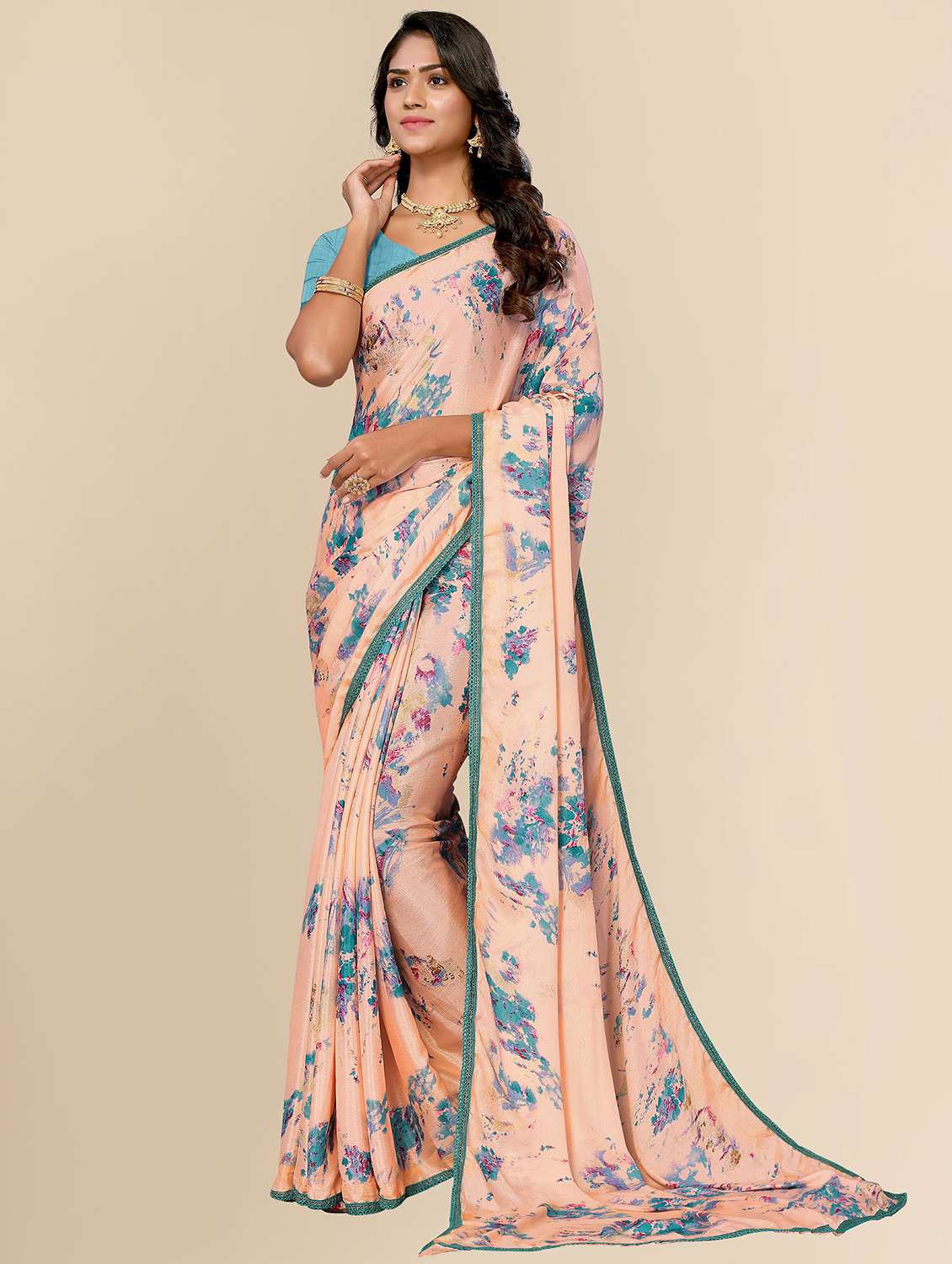 women peach printed lace work saree with blouse