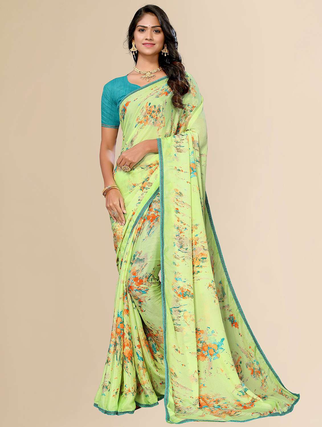women green printed lace work saree with blouse