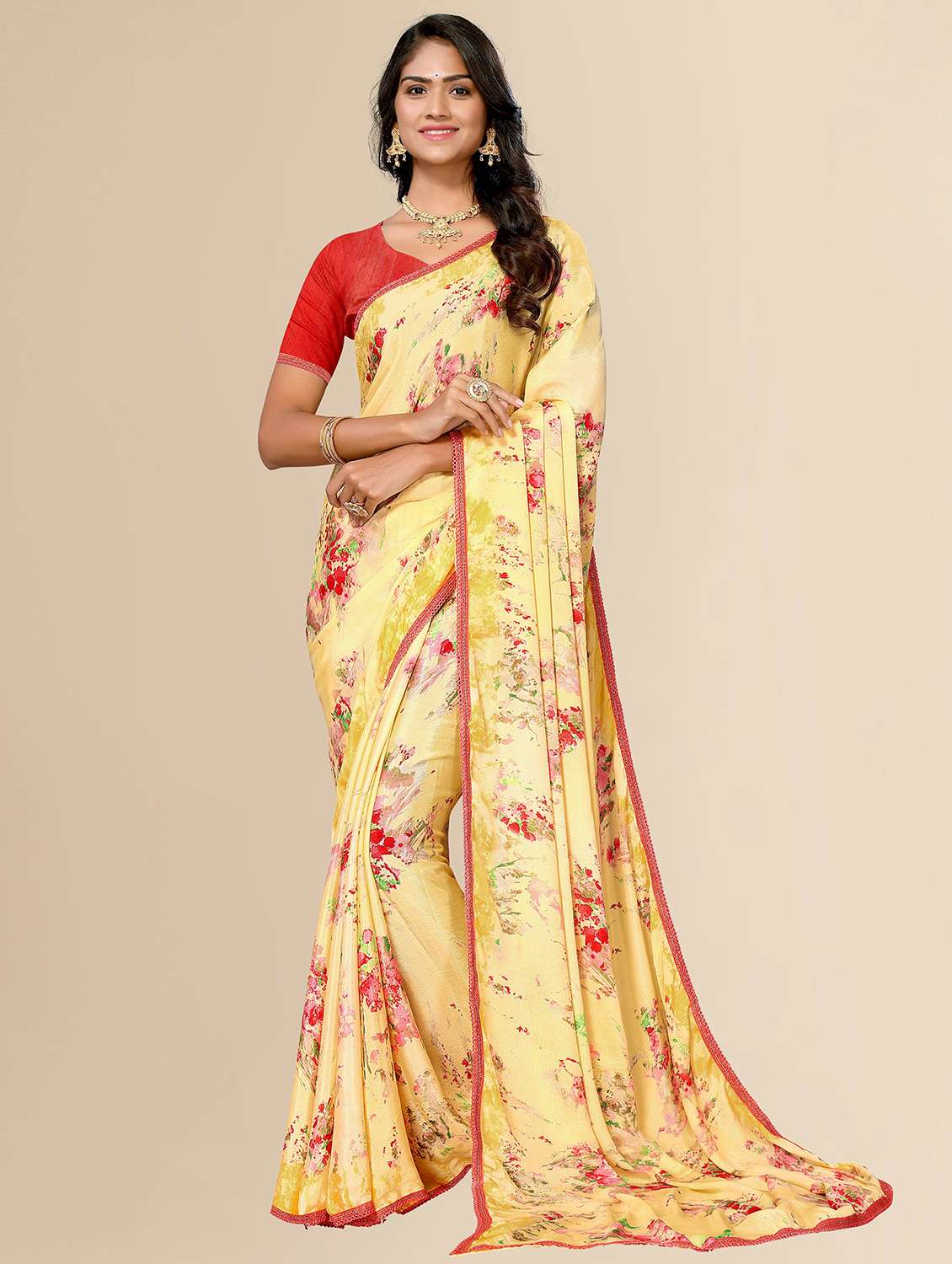 women yellow printed lace work saree with blouse