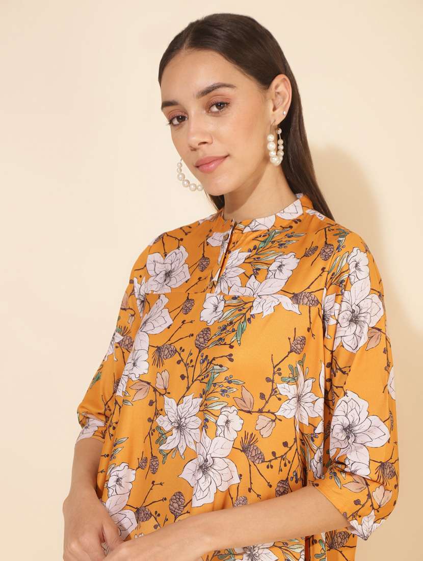 Women Mustard Mandarin Neck Co Ord Sets