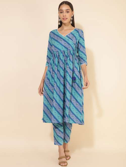 women blue bandhani v neck co-ord sets - 20500997 -  Standard Image - 0