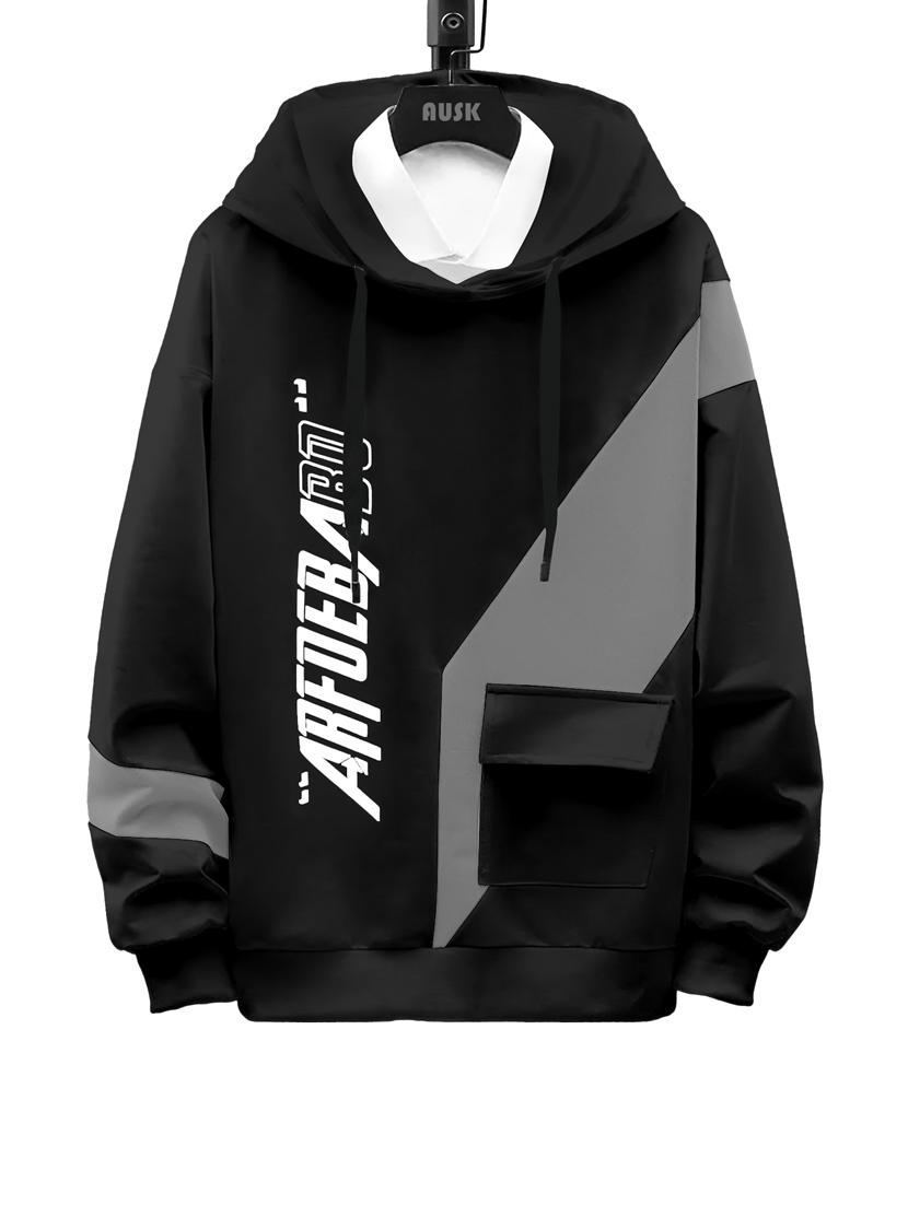 men color blocked typography print black hooded sweatshirt - 20501024 - Zoom Image - 0