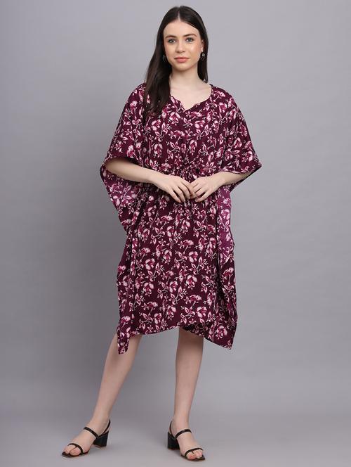burgundy floral print relaxed fit kaftan - 20501142 -  Standard Image - 0
