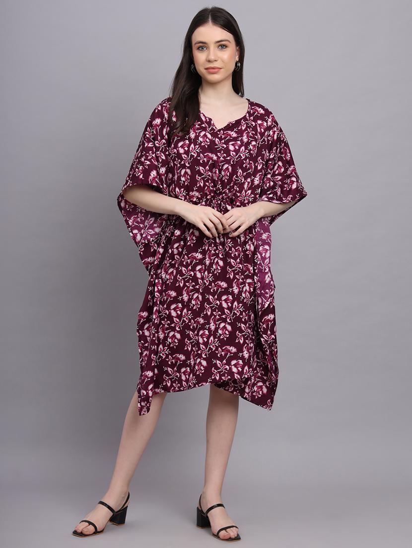 burgundy floral print relaxed fit kaftan - 20501142 -  Zoom Image - 0