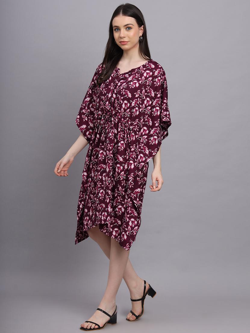 burgundy floral print relaxed fit kaftan - 20501142 - Standard Image - 3