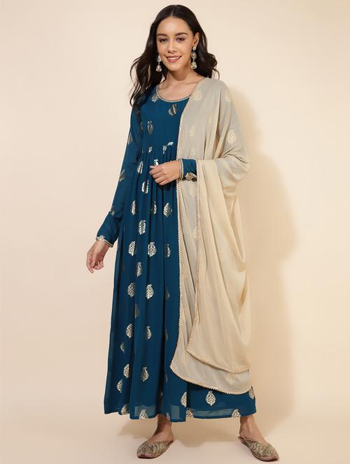 women blue round neck flared kurta - 20501156 - Standard Image - 0
