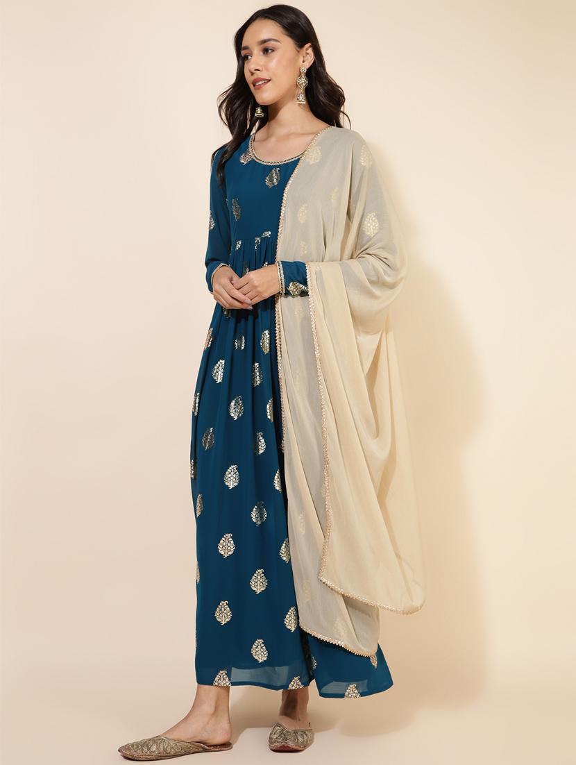 women blue round neck flared kurta - 20501156 - Standard Image - 3