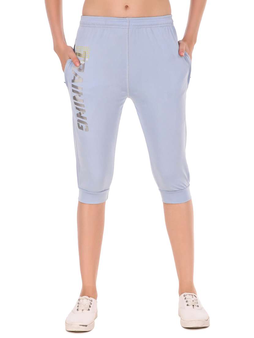 light blue typographic low rise capri