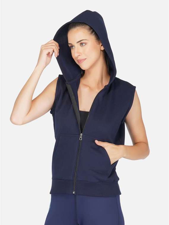 navy blue solid sleeveless hooded jacket - 20501469 -  Zoom Image - 0