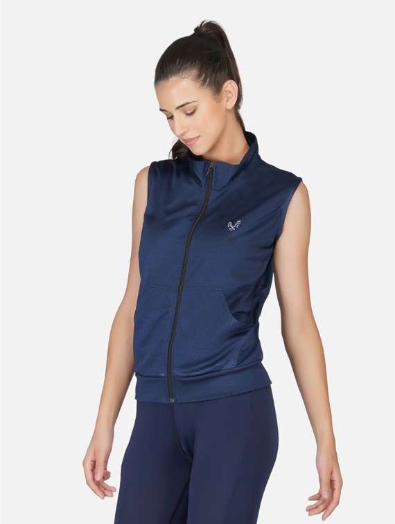 navy blue solid stand collar regular jacket