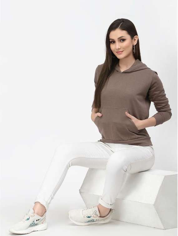 brown solid hooded sweatshirt - 20501705 - Standard Image - 3