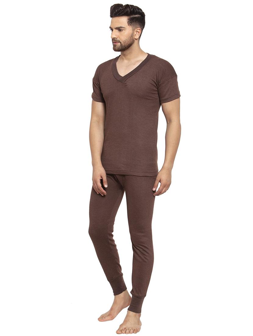 men brown wool thermal top bottom set