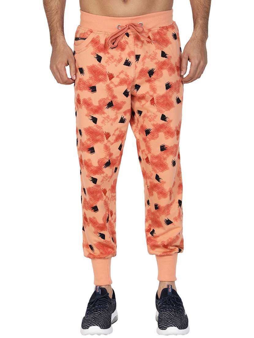 men peach cotton blend printed joggers