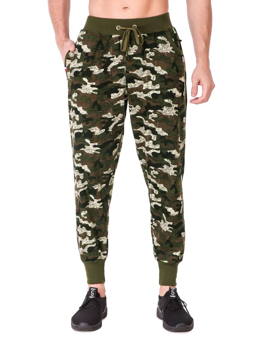 men olive cotton blend camouflage joggers 