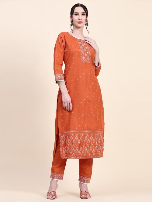 orange three quarter sleeve kurta pant set - 20502605 - Standard Image - 0