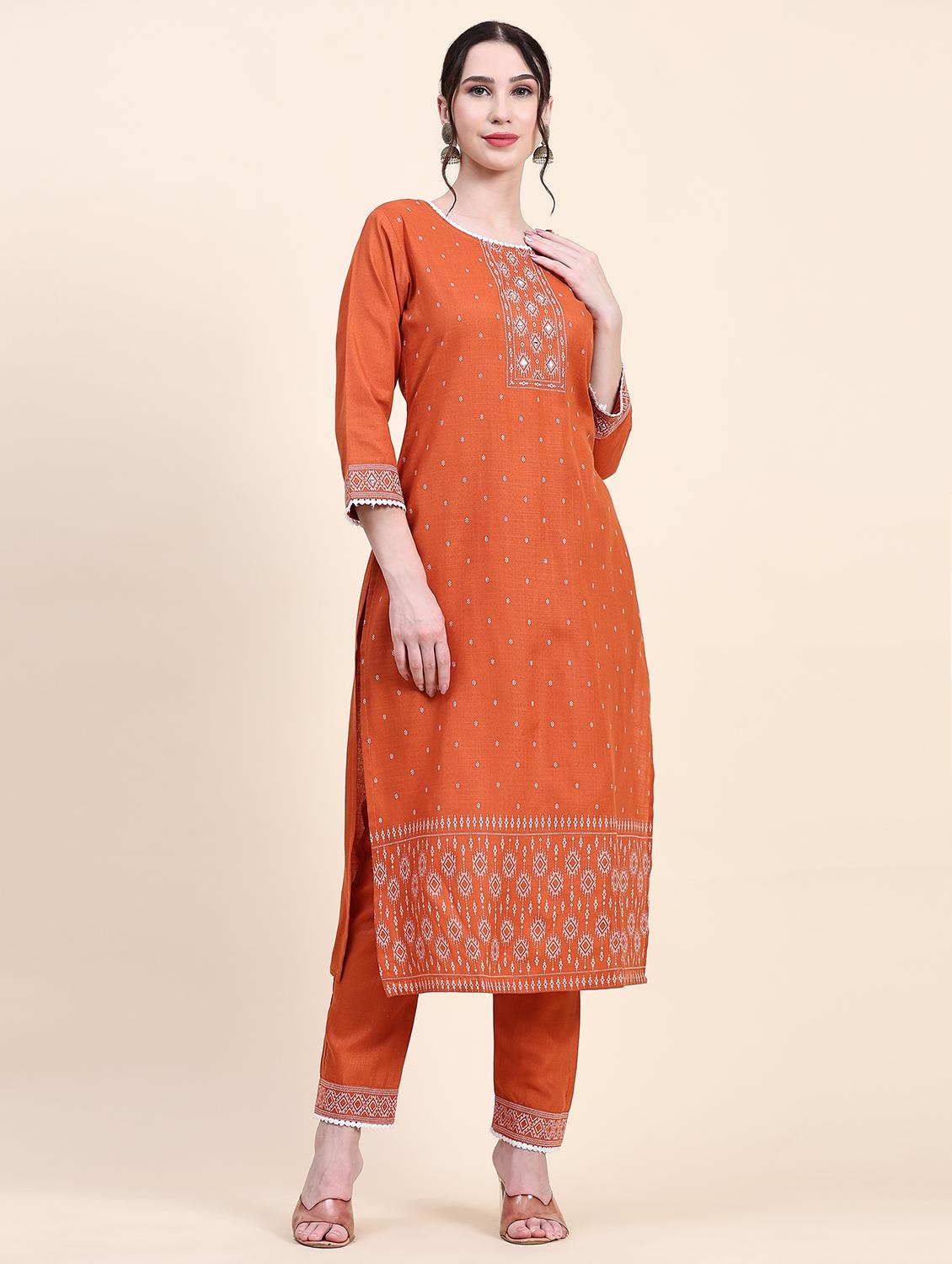 orange three quarter sleeve kurta pant set - 20502605 - Zoom Image - 0