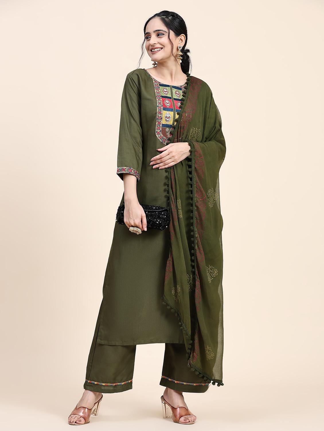 olive three quarter sleeve suit set - 20502616 -  Zoom Image - 0
