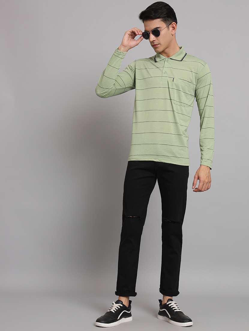 men striped neo mint cotton long sleeves polo t-shirt - 20502864 -  Standard Image - 3