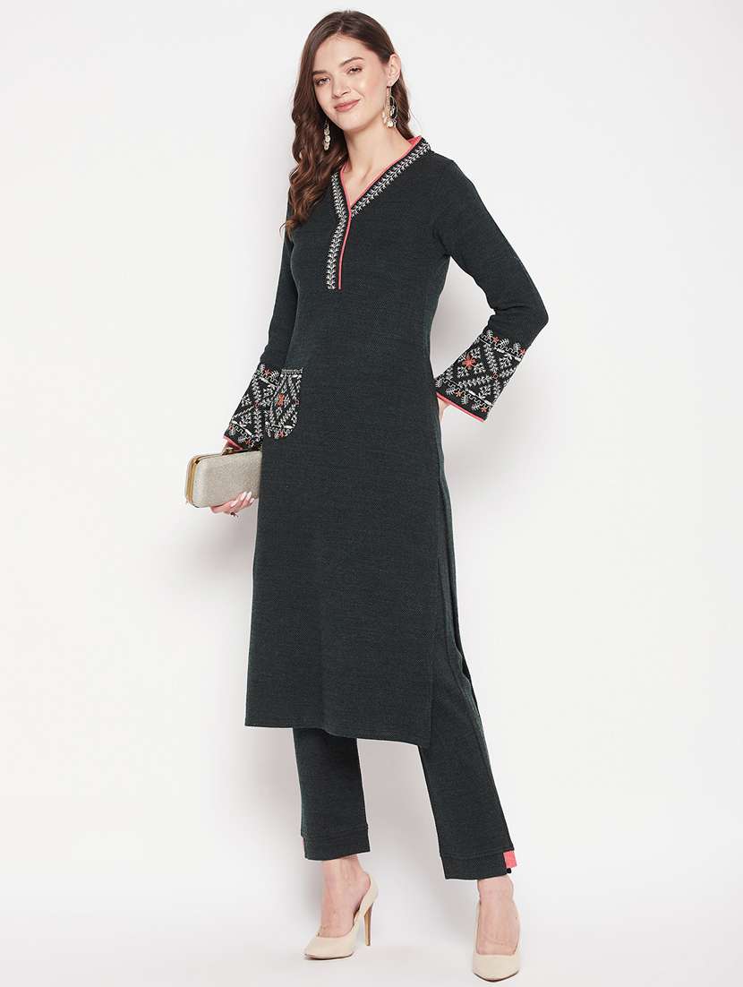 women long sleeve woollen kurta pant set - 20506616 - Standard Image - 3